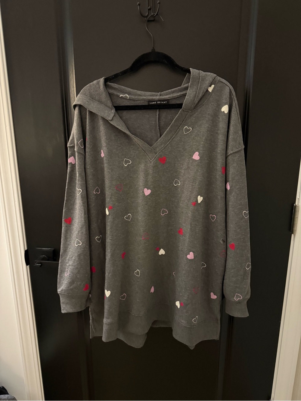 Lane Bryant Charcoal V‑Neck Hoodie with Heart Print
